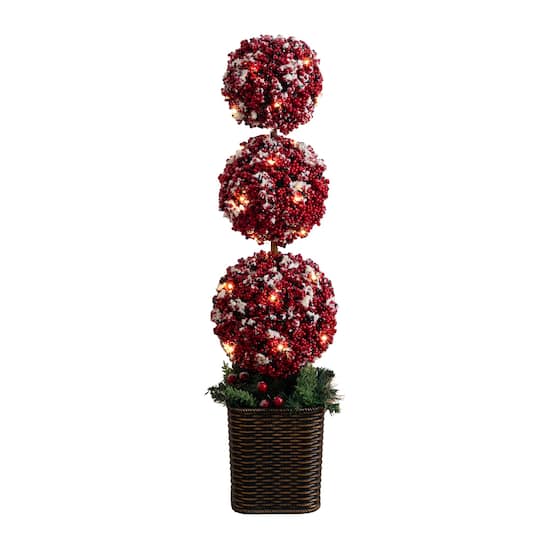 Nearly Natural 31" Artificial Christmas Snowed Holly Berry Triple Ball Topiary Tree in Decorative Planter